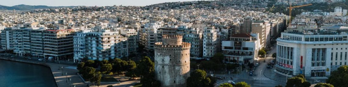 Scenic aerial view of the iconic White Tower on the Thessaloniki waterfront, Greece.
